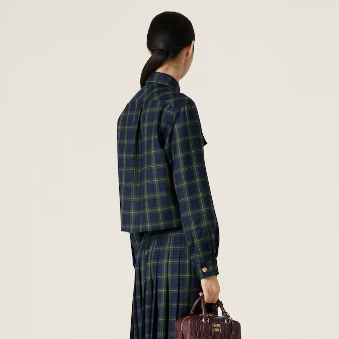 MiuMiu Women's Autumn/winter Fashion Casual Wool Fabric Plaid Collar Single Breasted Button Letter Patchwork Embroidered Checkered Short Shirt #78356