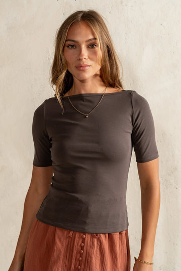 Blair Boat Neck Top in Charcoal