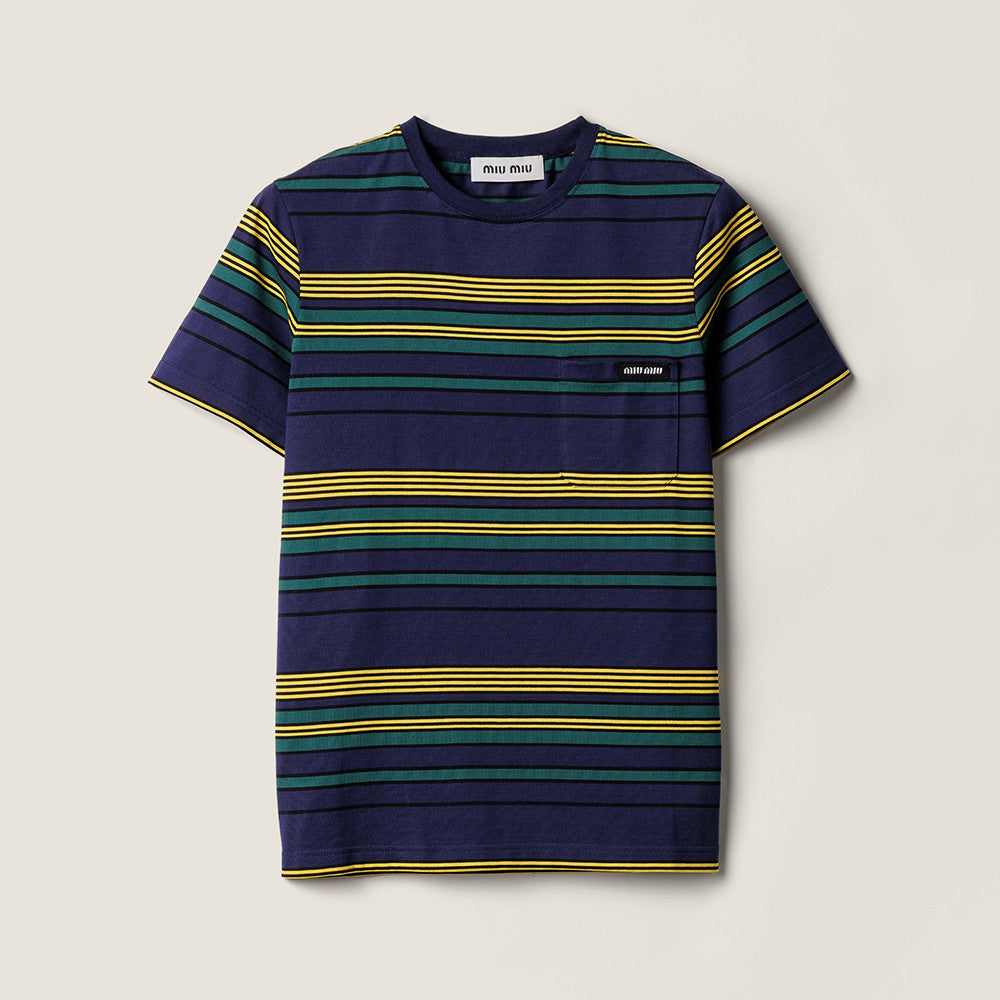 MiuMiu 25FW Women's Striped Short-sleeved T-shirt Yellow And Green Stripes Retro College Style Cotton Logo Pocket #332610