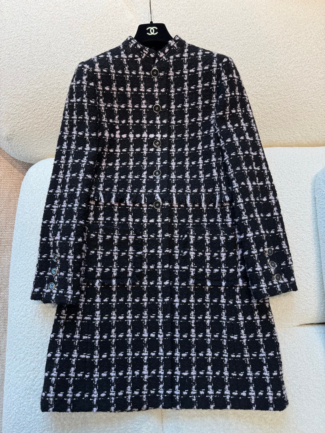 Chanel Women's Fall/Winter Checkered Stand Collar Wool Blend Button-Up Multi-Color Long Coat Jacket Ngvp #2559