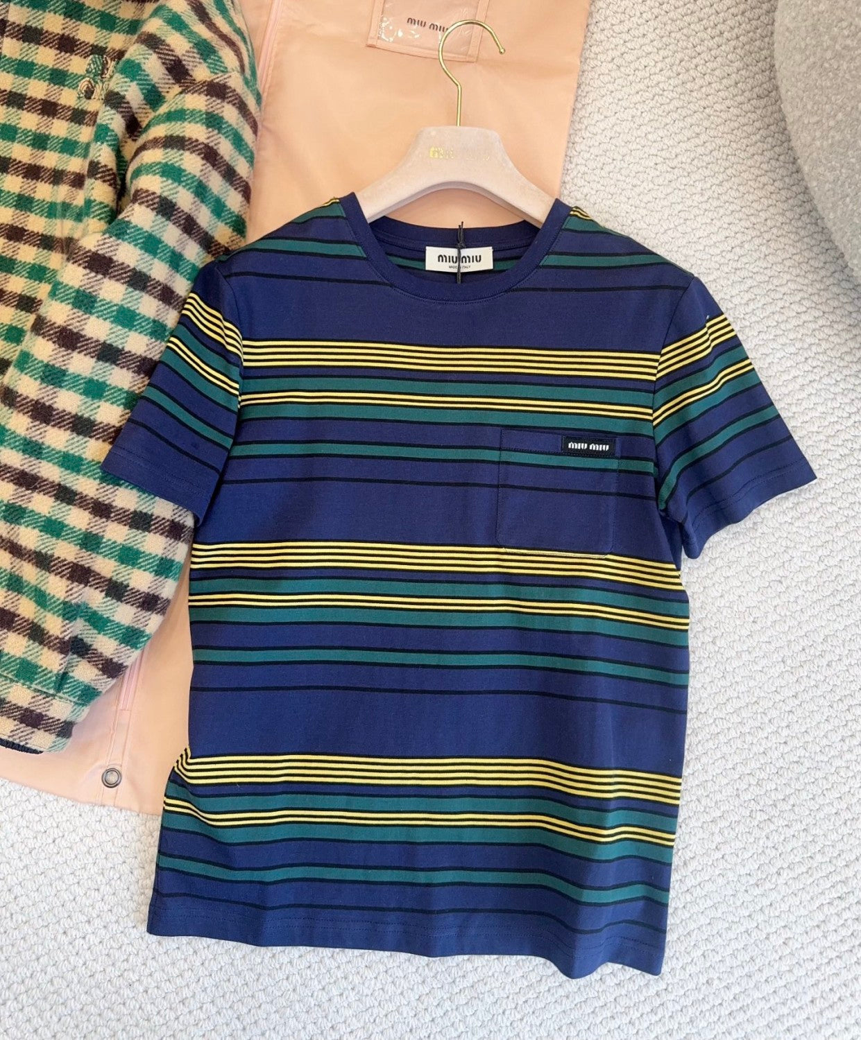 MiuMiu 25FW Women's Striped Short-sleeved T-shirt Yellow And Green Stripes Retro College Style Cotton Logo Pocket #332610