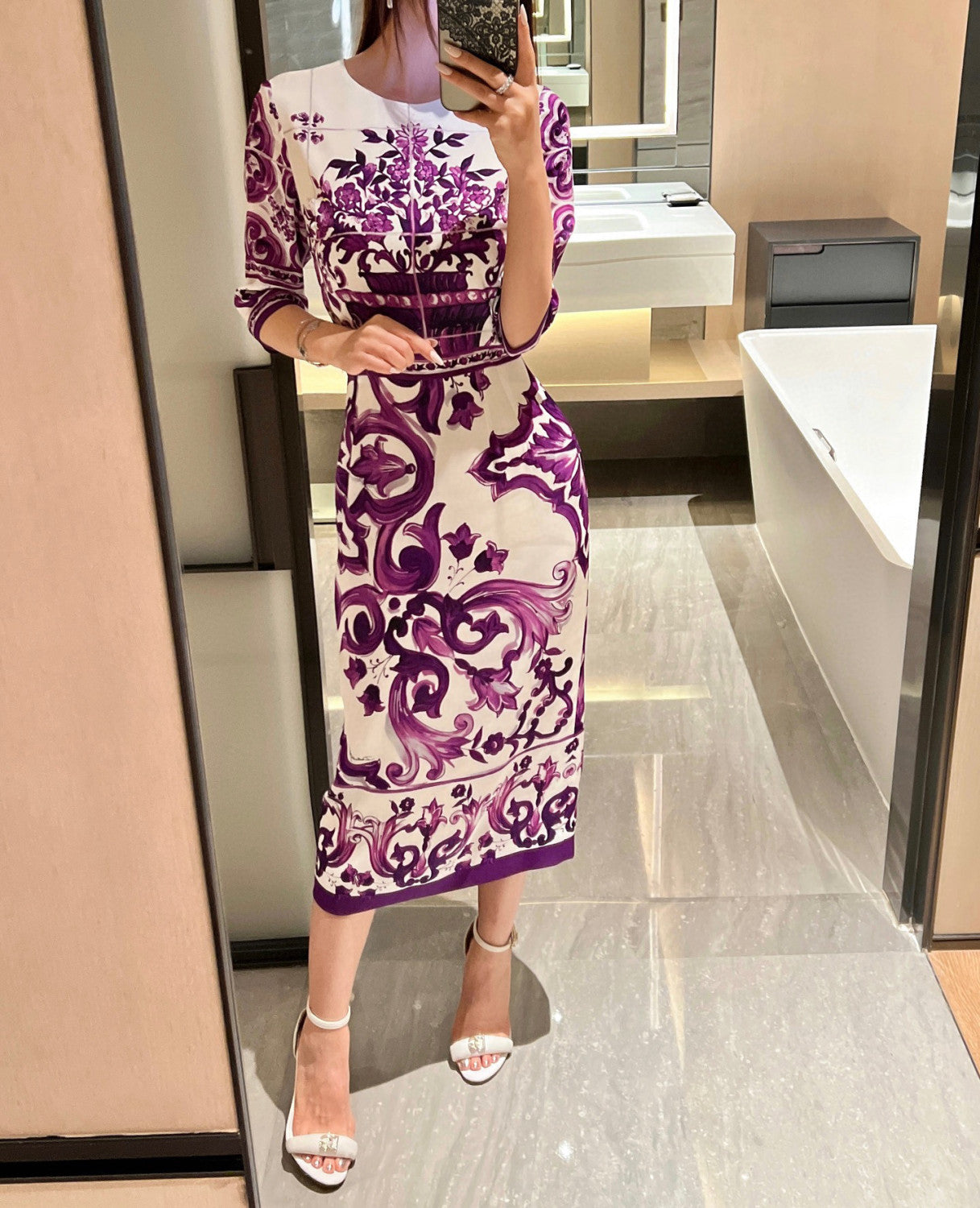 Dolce&Gabbana Majolica Printed Vegan Crepe Satin Dress Women's Spring Summer Purple Fashion Elegant Evening Dresses Ngvp #2428