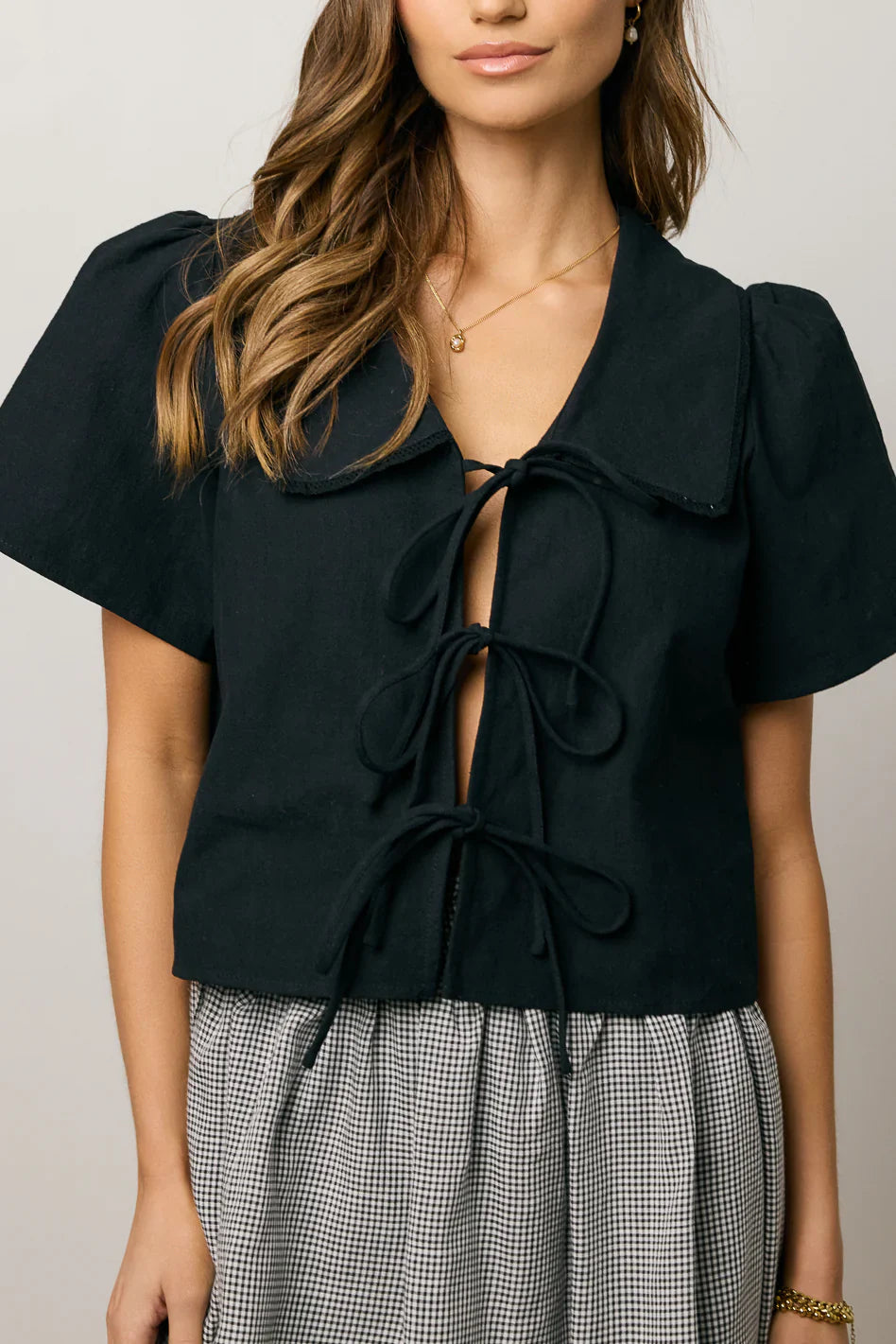 Ethan Tie Front Blouse in Black