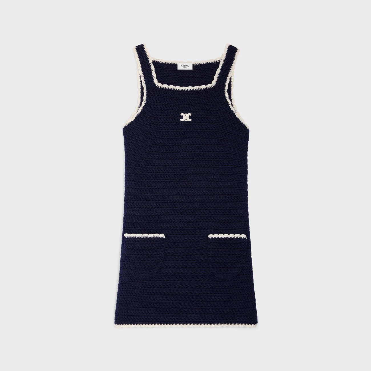 Celine Women's Summer Fashion Casual Solid Color Square Neckline Patch Pocket Sleeveless Logo Handmade Crochet Mini Dress #79292