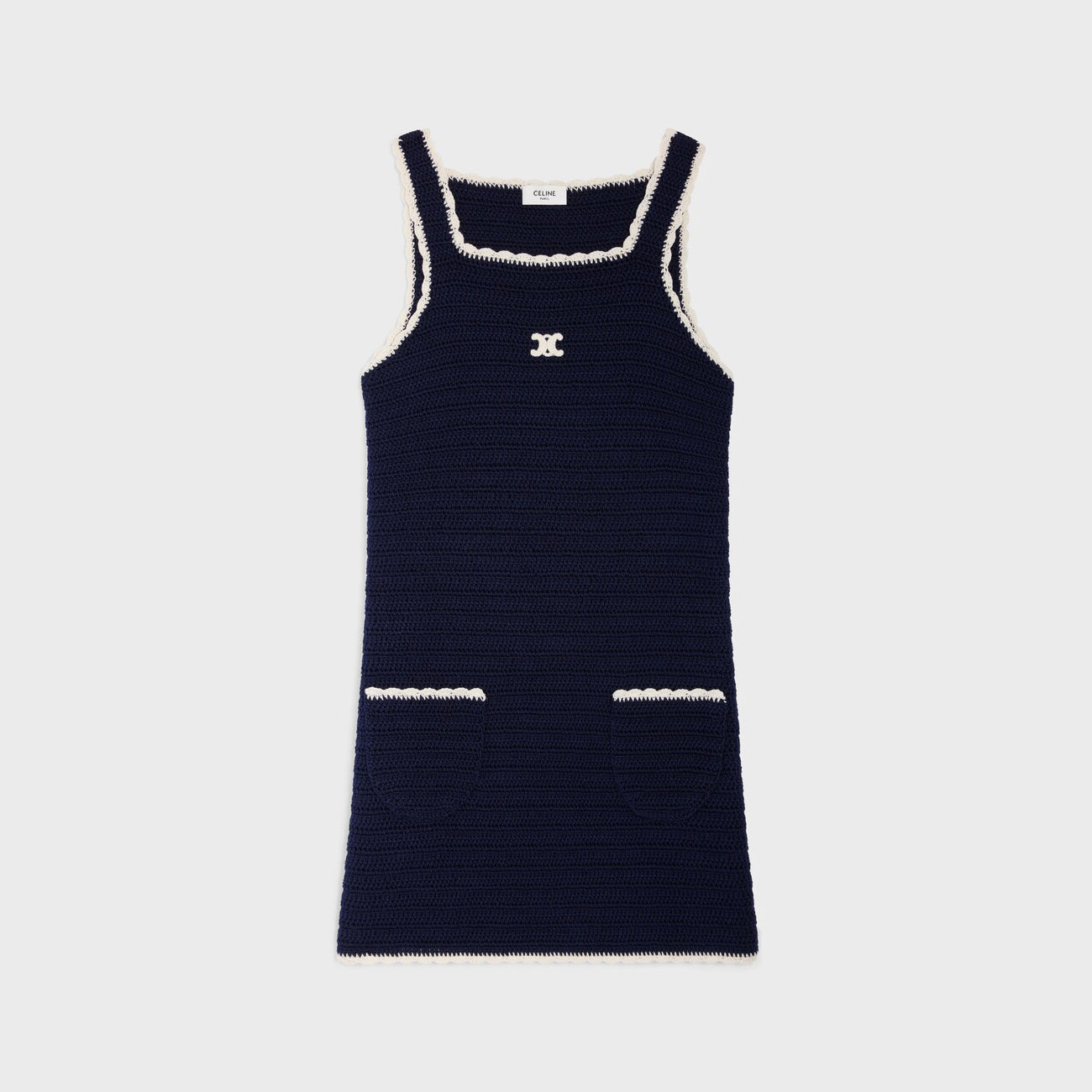Celine Women's Summer Fashion Casual Solid Color Square Neckline Patch Pocket Sleeveless Logo Handmade Crochet Mini Dress #79292