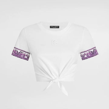 Dolce&Gabbana Women's Summer Logo Embroidered Tie-Front Round Neck Solid Color Silk Short Sleeve T-Shirt #81493