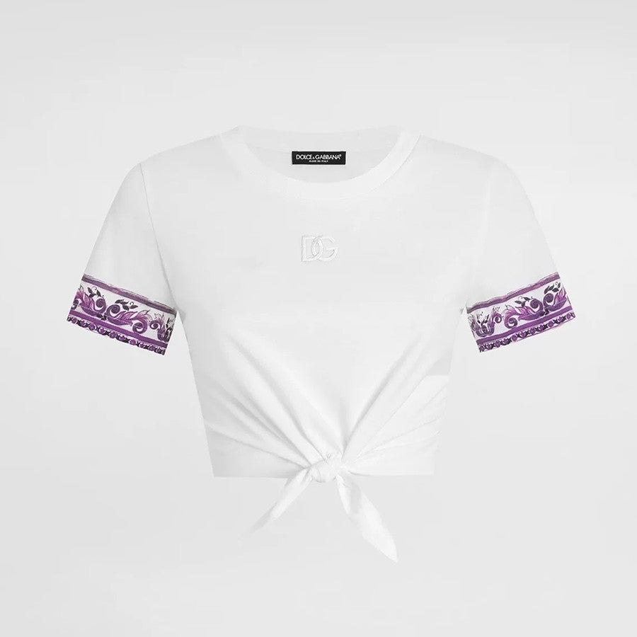 Dolce&Gabbana Women's Summer Logo Embroidered Tie-Front Round Neck Solid Color Silk Short Sleeve T-Shirt #81493