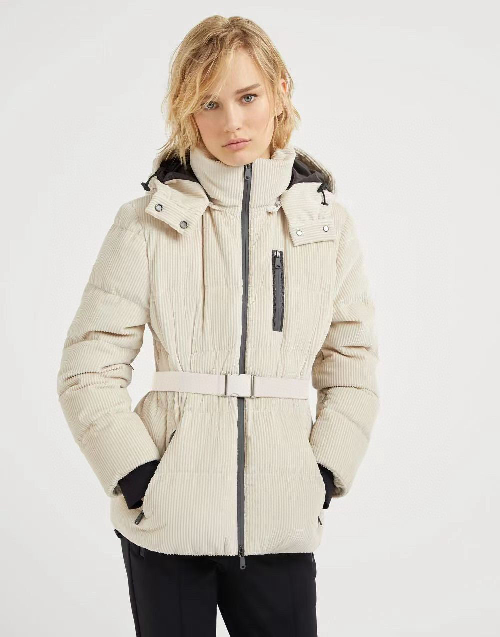 Brunello Cucinelli Women's Fall And Winter Waist Thin With Belt Ski Series Cotton Down Jacket Hooded Removable Goose Down Jacket Coat Ngvp #2448