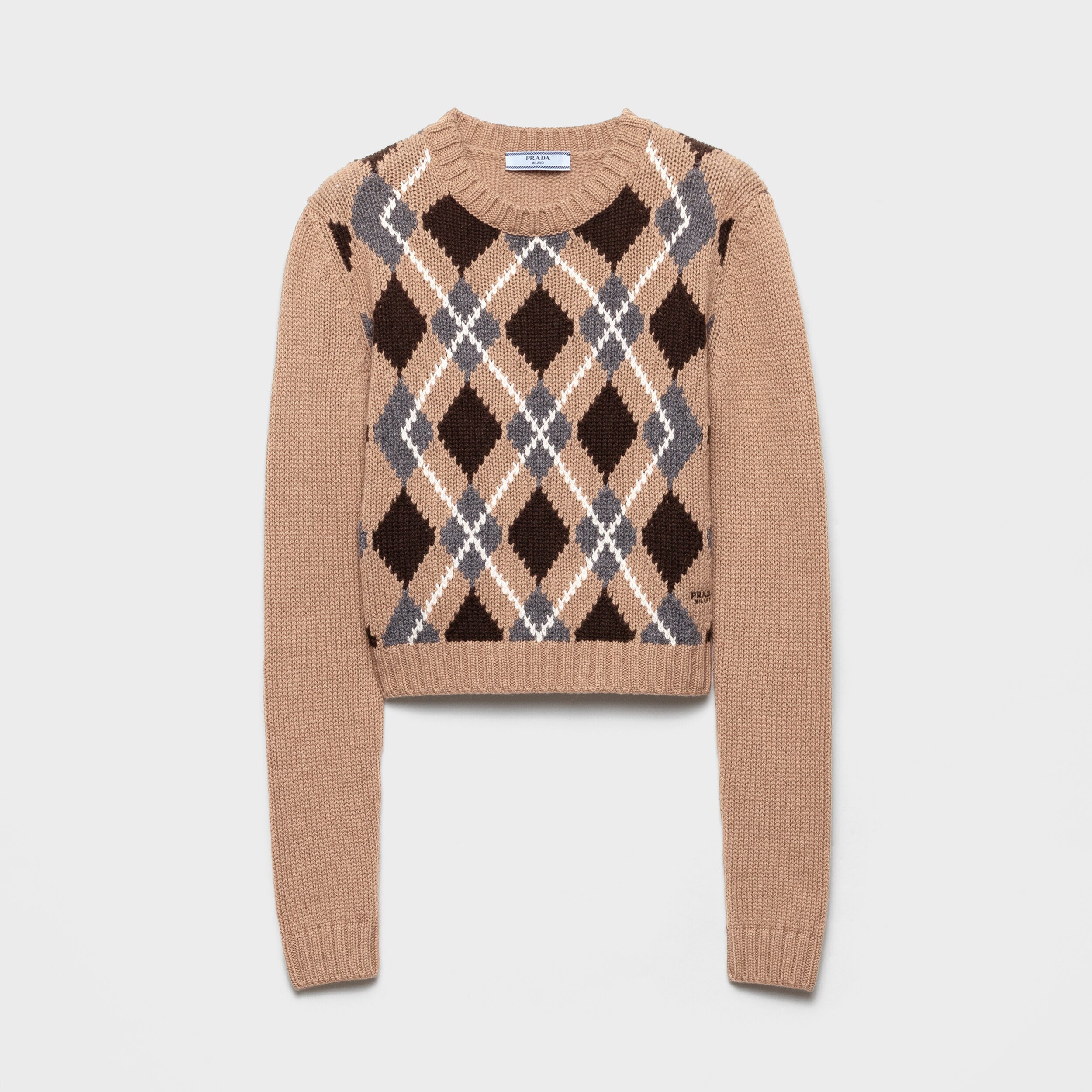 Prada Women's Fall/Winter Fashion Casual Crewneck Pullover Diamond Pattern Cashmere Short Sleeve Sweater #78788