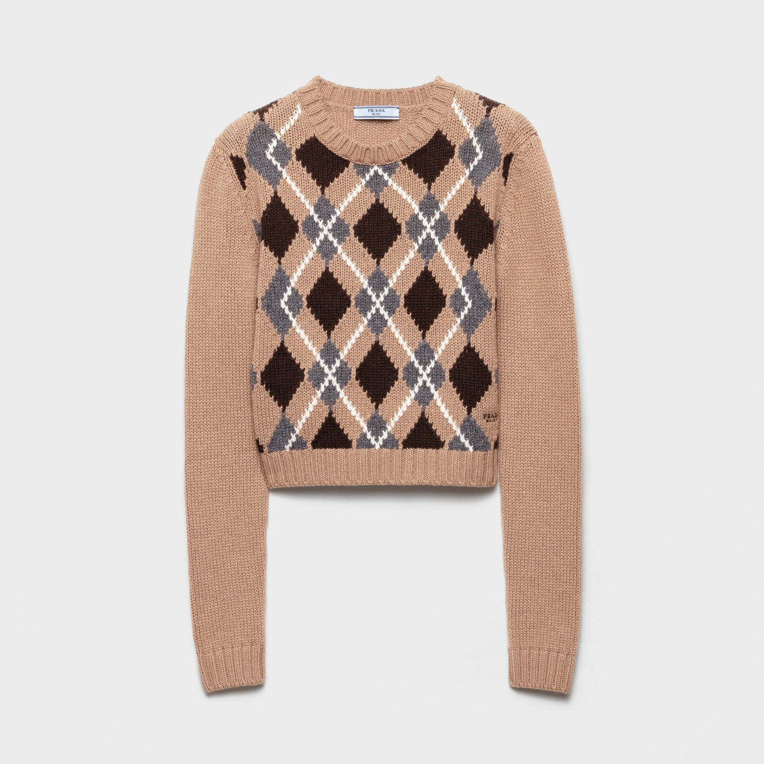 Prada Women's Fall/Winter Fashion Casual Crewneck Pullover Diamond Pattern Cashmere Short Sleeve Sweater #78788