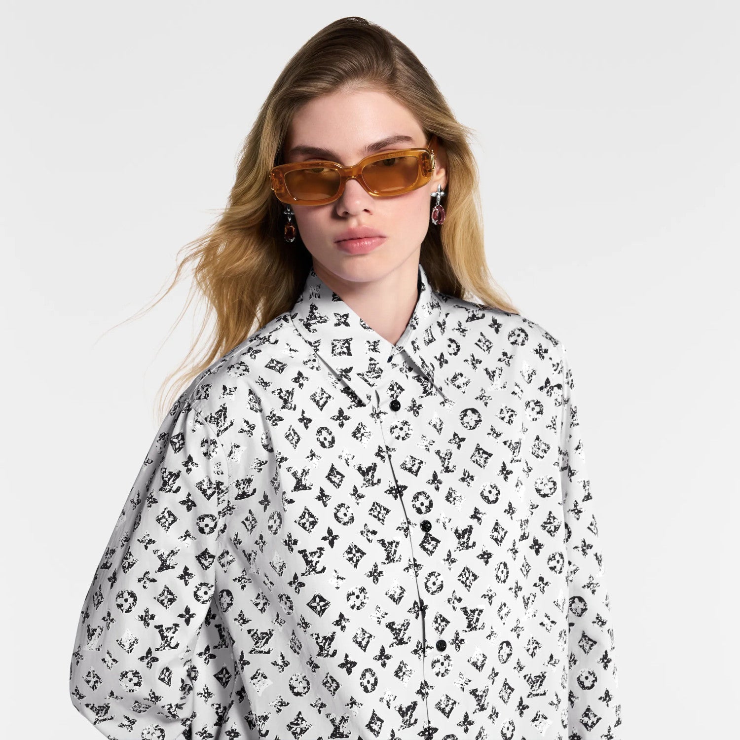 Louis Vuitton Women's Spring/Autumn Graphic Monogram Cotton Collared Loose-Fitting Long-Sleeved Shirt #81511