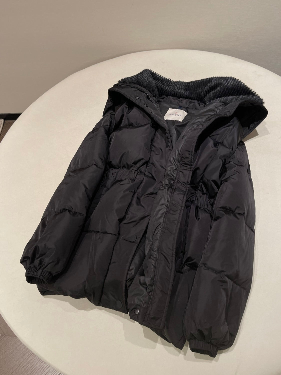 Moncler Women's Fall/Wimter Black Large Lapel Goose Down Jacket With Belt Nylon Short Style Light Jacket #332539