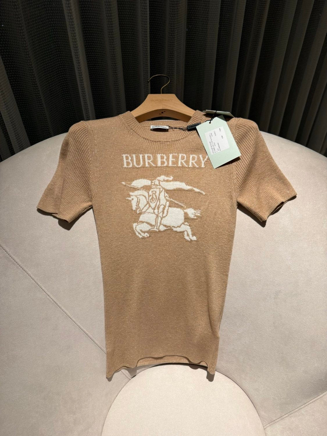 Burberry EKD Metallic Wool Blend Top in Archive Beige Gold #337142