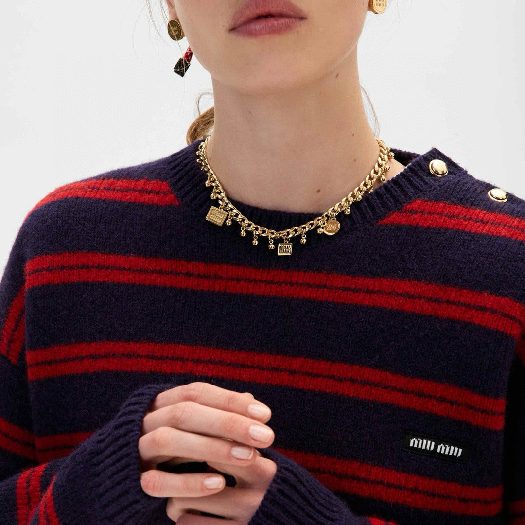 MiuMiu Women's Fall/Winter Fashion Casual Crew Neck Striped Contrast Color Cashmere Knit Sweater #79389