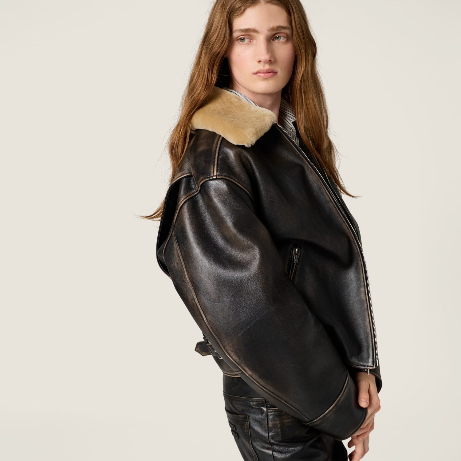 MiuMiu Women's Fur Collar Vintage Distressed Zip Black Nappa Leather Jacket #332783
