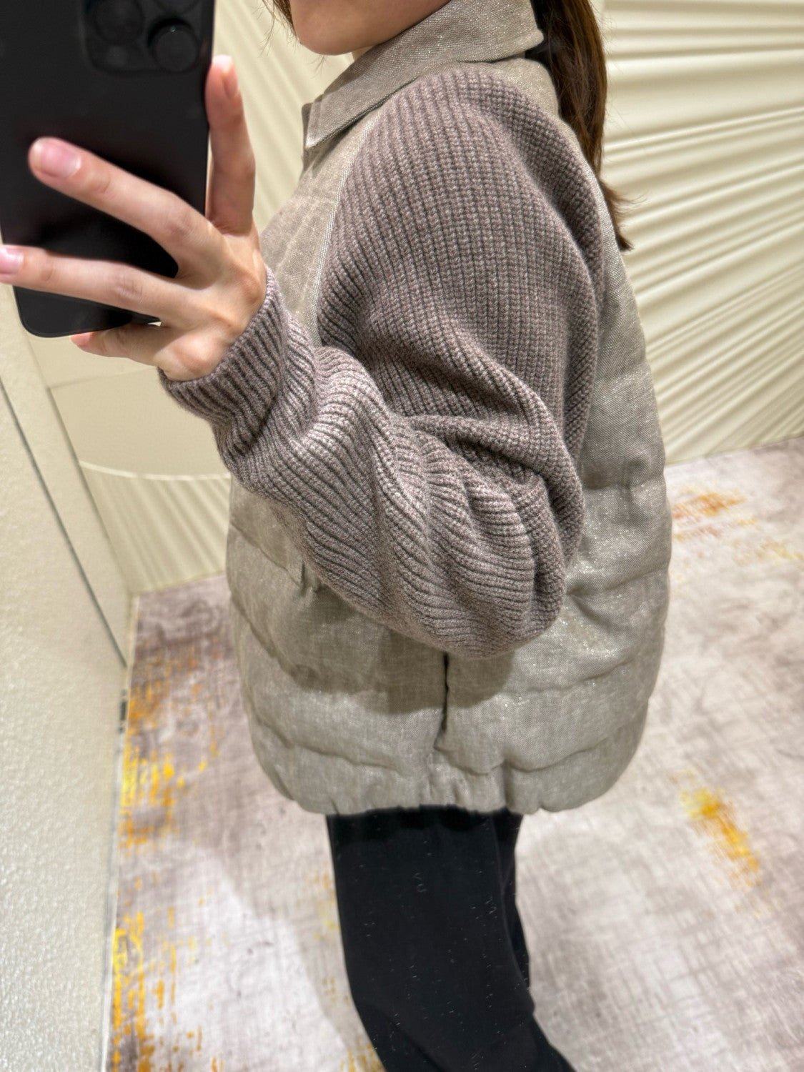 Brunello Cucinelli Women's Autumn And Winter Linen Goose Down Jacket 100% Wool Knit Sleeve Sequins Accessories Single Breasted Jacket Ngvp #2648