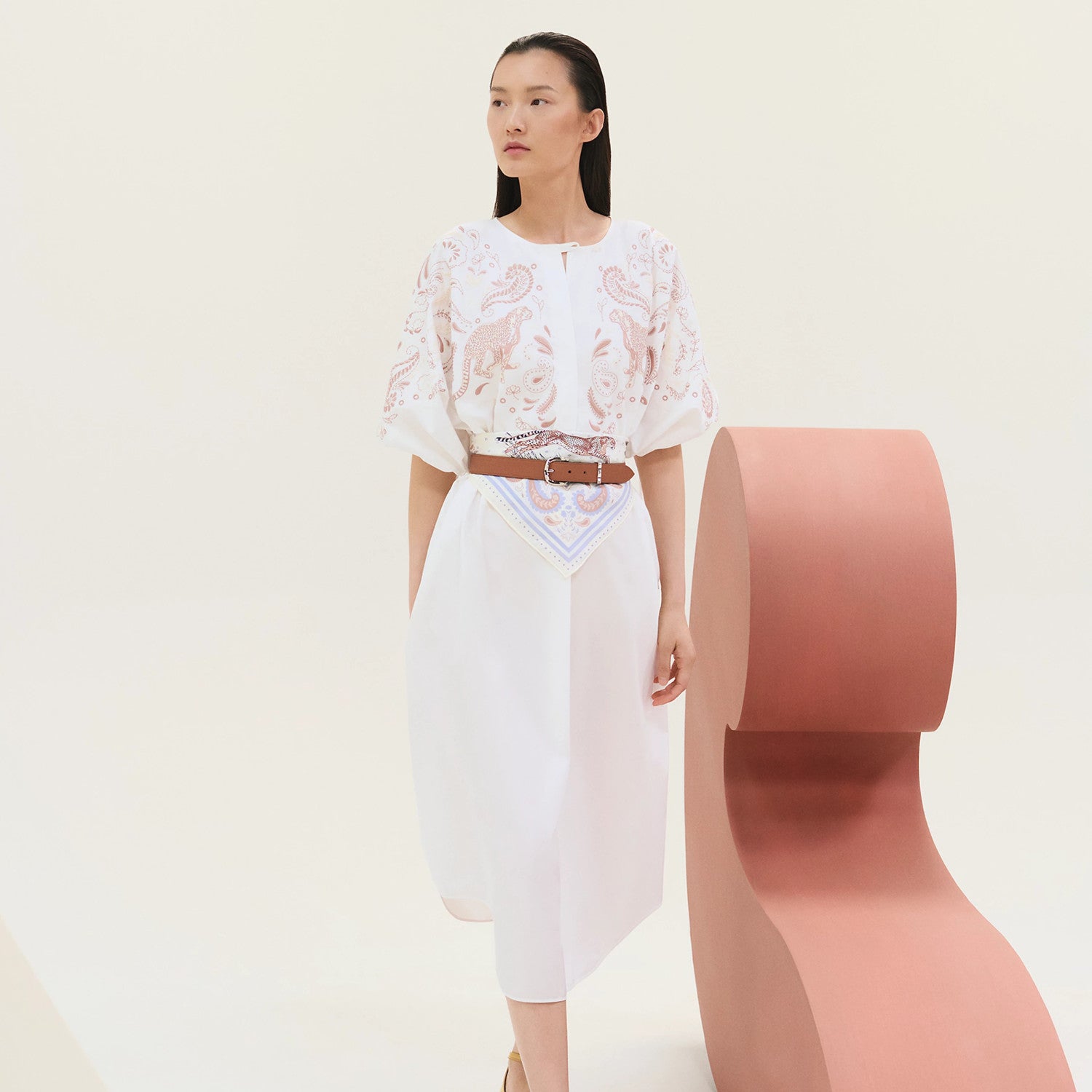 Hermes Women's Summer Fashion Casual Round Neck Embroidered Jacquard Short Sleeve Beach Dress #78647