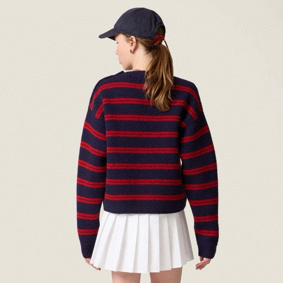 MiuMiu Women's Fall/Winter Fashion Casual Crew Neck Striped Contrast Color Cashmere Knit Sweater #79389