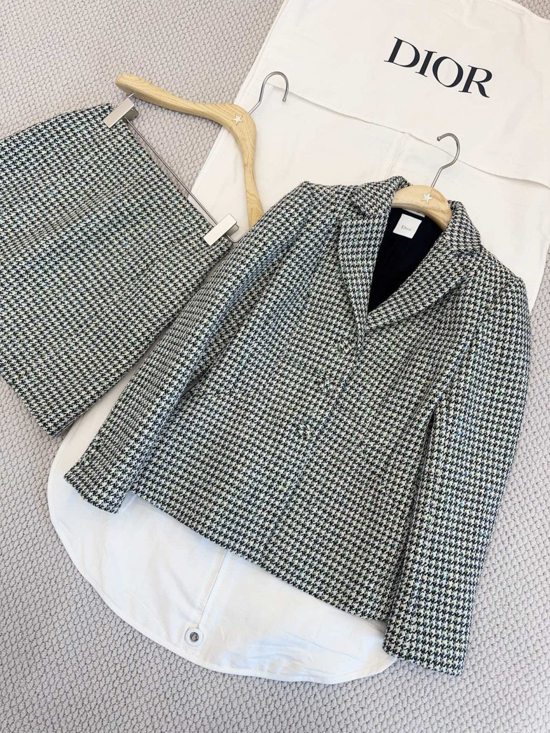 Dior Bar Blazer Skirt Black and White Houndstooth Virgin Wool Blend With Multicolor Sequins #377177