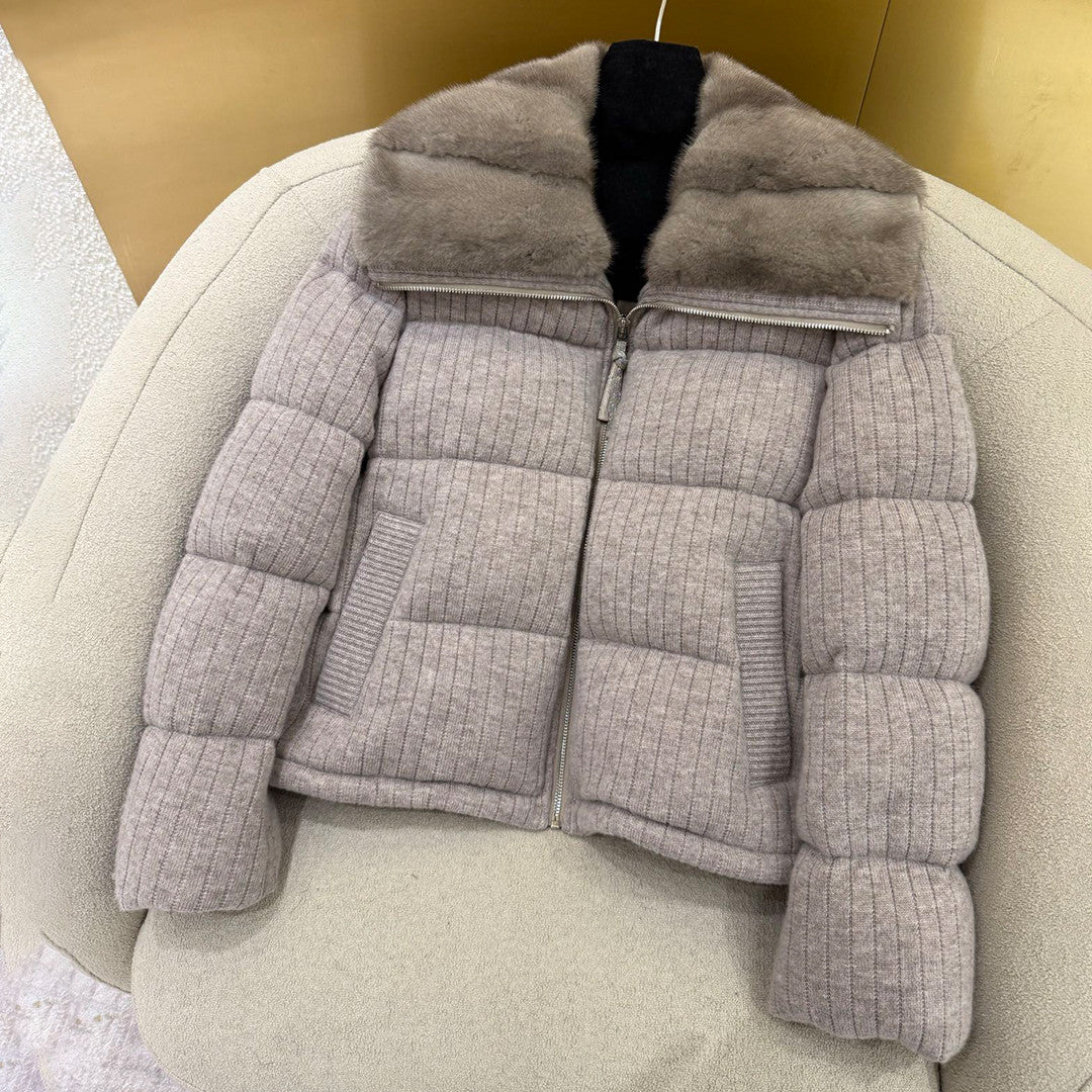 Brunello Cucinelli Women's Fall/Winter Fashion Mink Cashmere Knit Down Jacket Solid Color Zipper Collar Long Sleeve Coat Ngvp #2527
