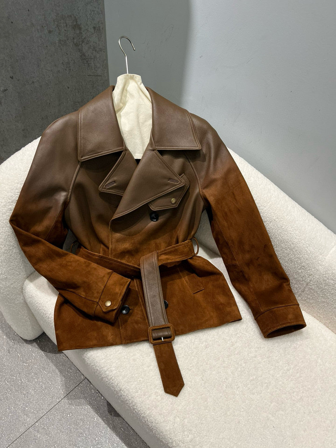 Ralph Lauren Women's Autumn And Winter Curry Leather Patchwork Jacket Belt Double Breasted Lapel Leather Jacket Ngvp #2248
