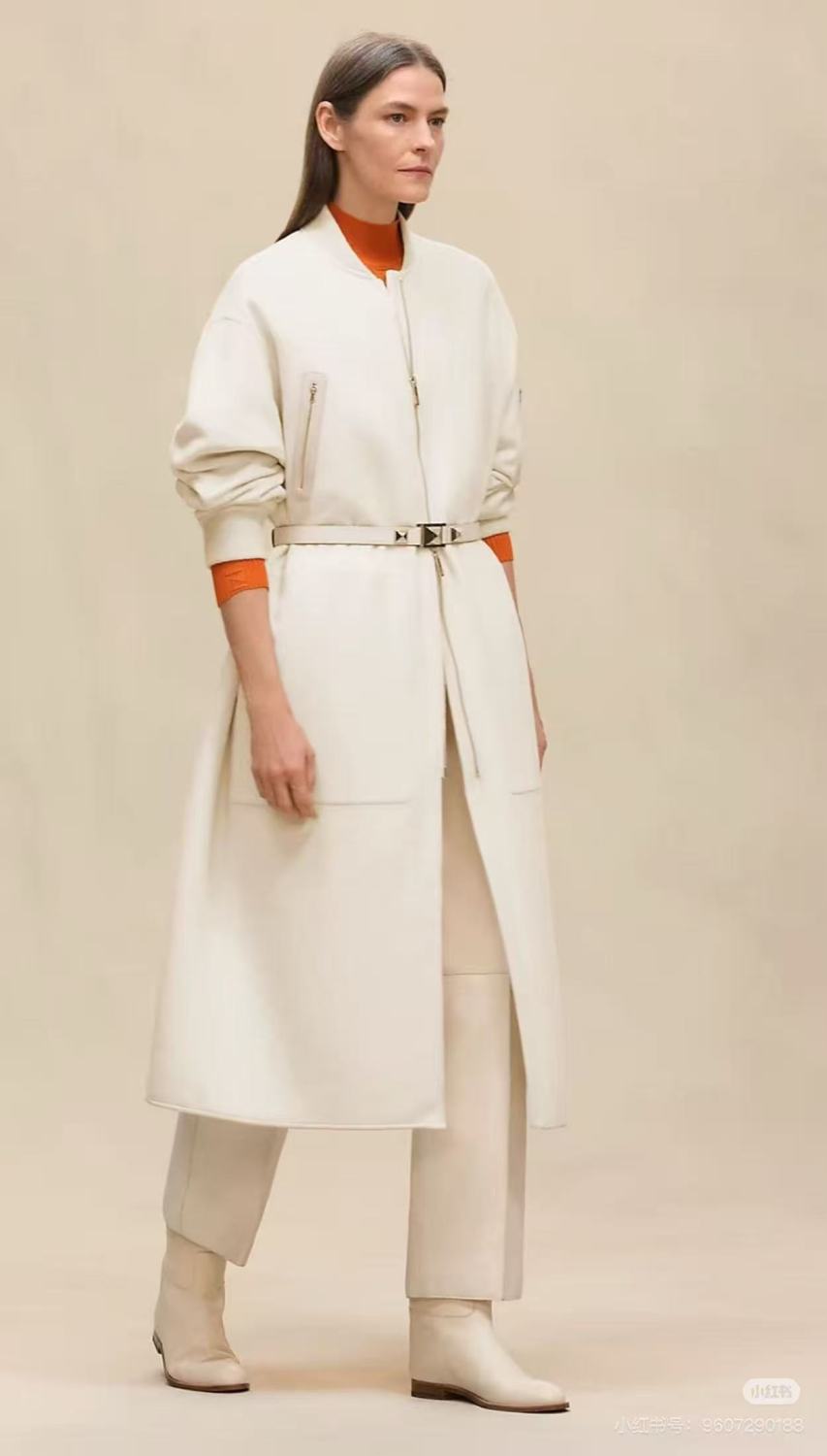 Hermes Women's Spring/Fall Four-Pocket Reversible Cashmere Zipper Solid Color Straight-Cut Long Coat Jacket Ngvp #2584