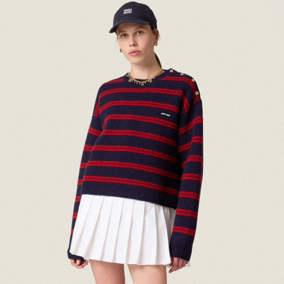MiuMiu Women's Fall/Winter Fashion Casual Crew Neck Striped Contrast Color Cashmere Knit Sweater #79389
