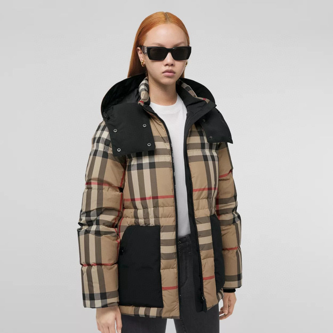 Burberry Fashion Casual High Neck Hooded Zipper Plaid Detachable Hood Plaid Recycled Polyester Down Jacket #79372