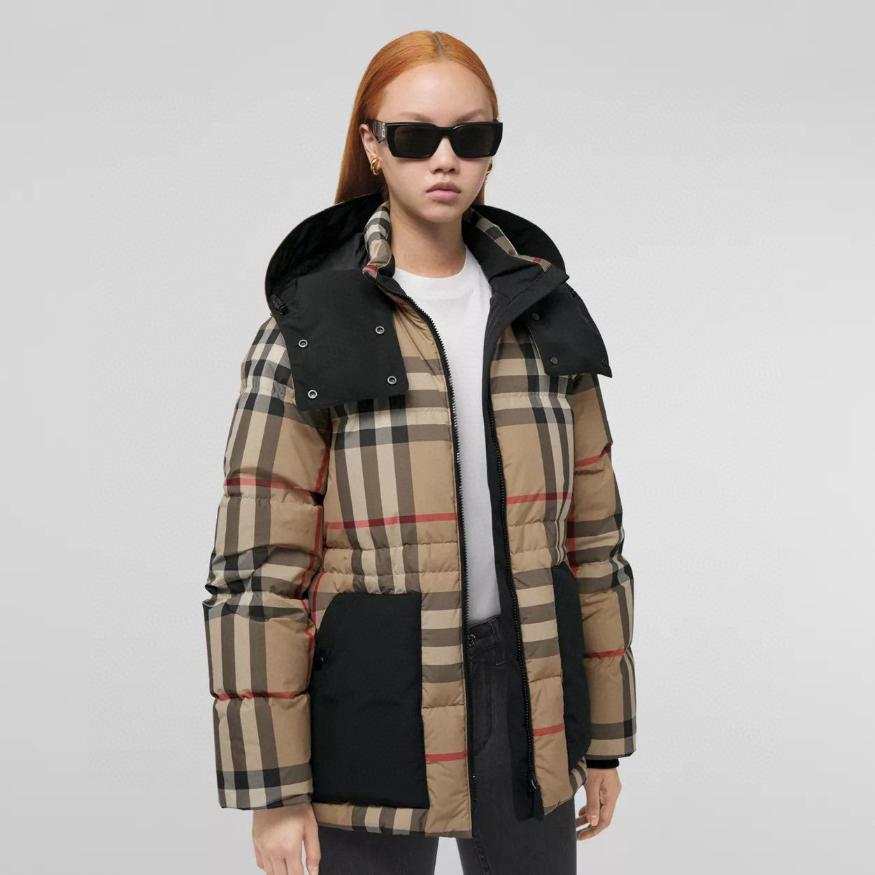 Burberry Fashion Casual High Neck Hooded Zipper Plaid Detachable Hood Plaid Recycled Polyester Down Jacket #79372