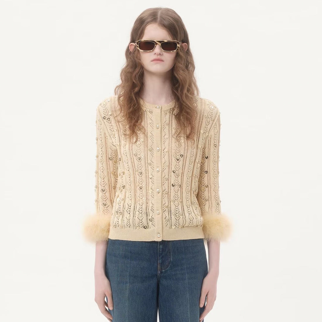 Valentino Women's Fall/Winter Beaded Solid-Color Embroidered Feather-Sleeve Crew Neck Single-bleated Button Knit Cardigan Ngvp #2381