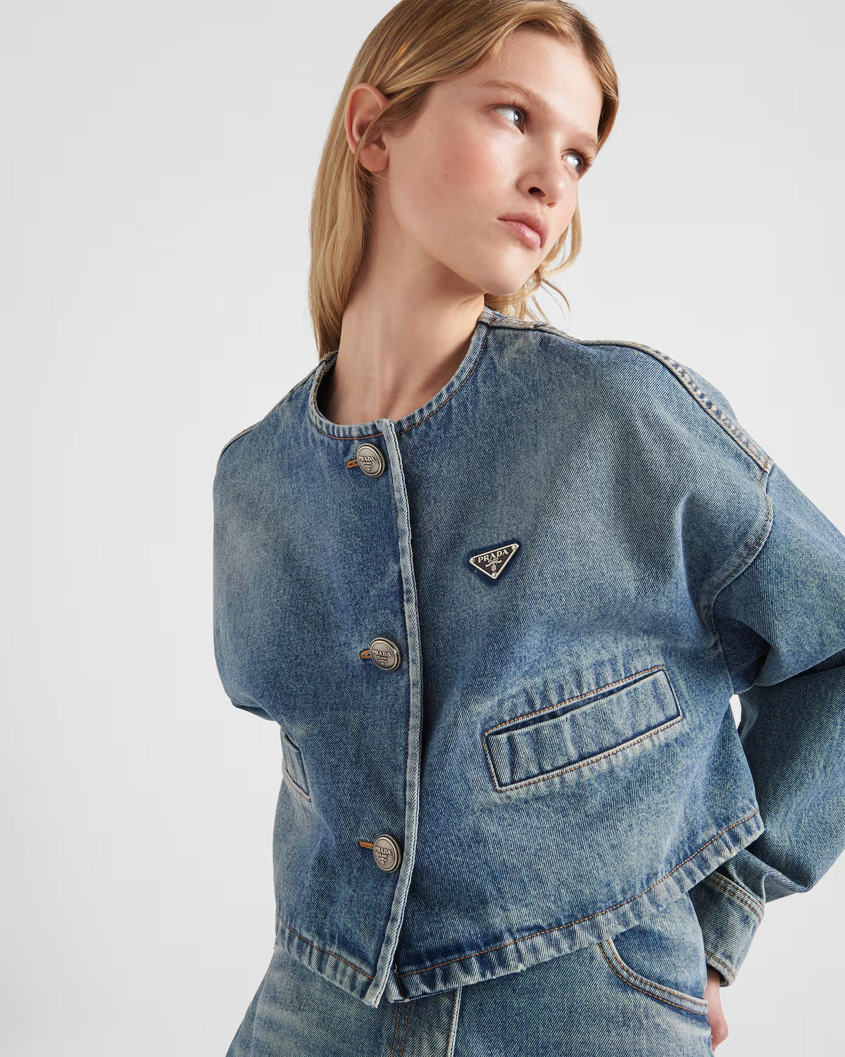 Prada Women's Spring/Summer/Fall Triangle Logo Waistband Denim Solid Color Single-Breasted Short Cotton Denim Blouson Jacket #81583