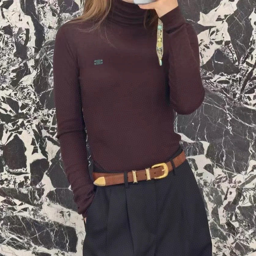 Celine Women's Fall/Winter Fashion Casual High Neck Long Sleeve Logo Mini Label Solid Color Wool Base Layer Sweater #79263