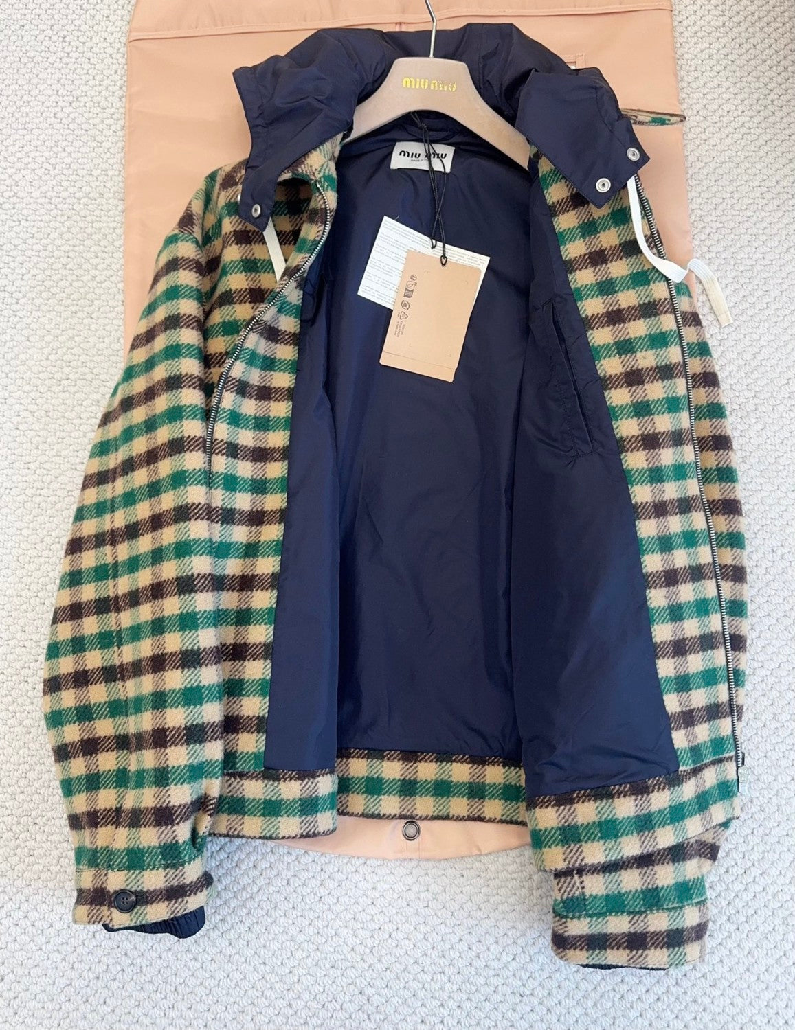 MiuMiu Women's Fall/Winter Lettering Eembroidered Logo Hood Zip Camel Green Navy Check and Technical Jacket #332611