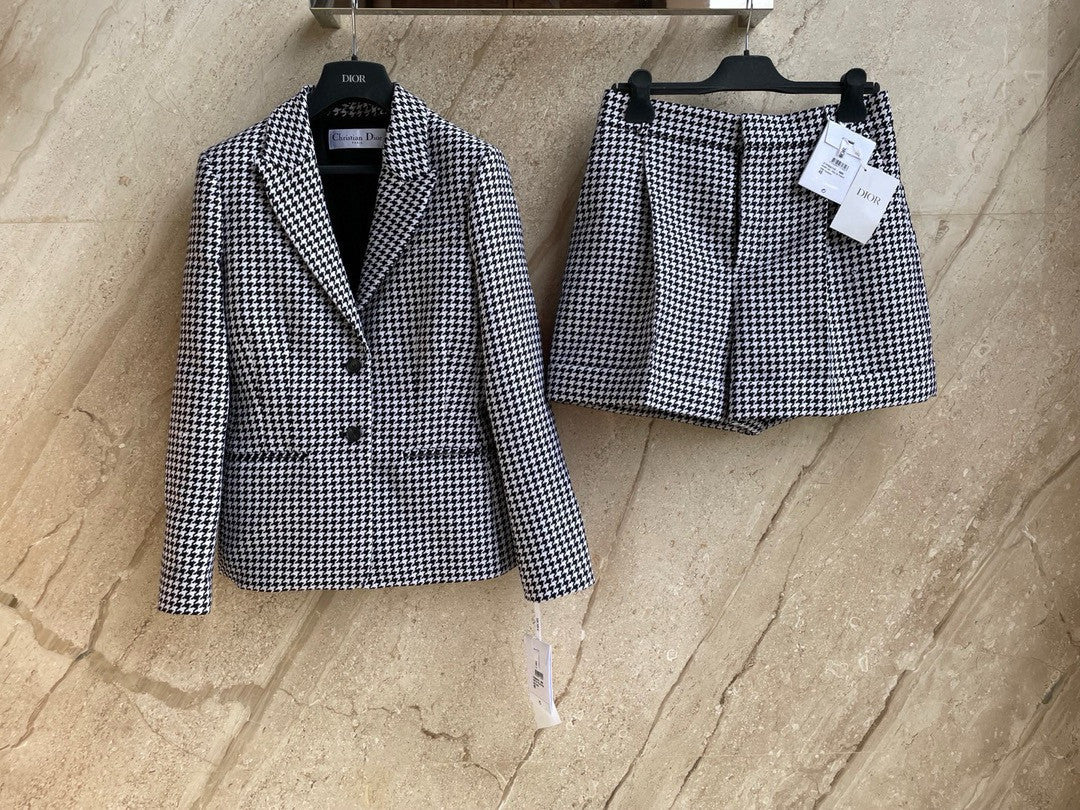 Dior Women's Stylish Classic V-Neck Single-Breasted Houndstooth Wool Blazer Jacket #78675