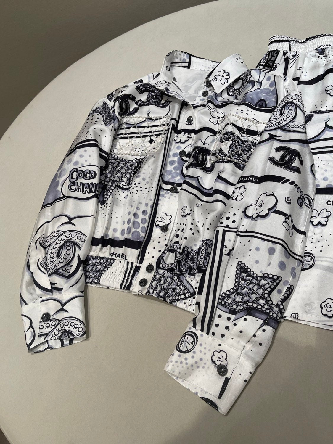 Chanel Hand-painted Camellia Silk Stretch Casual Pants Shirt #377175