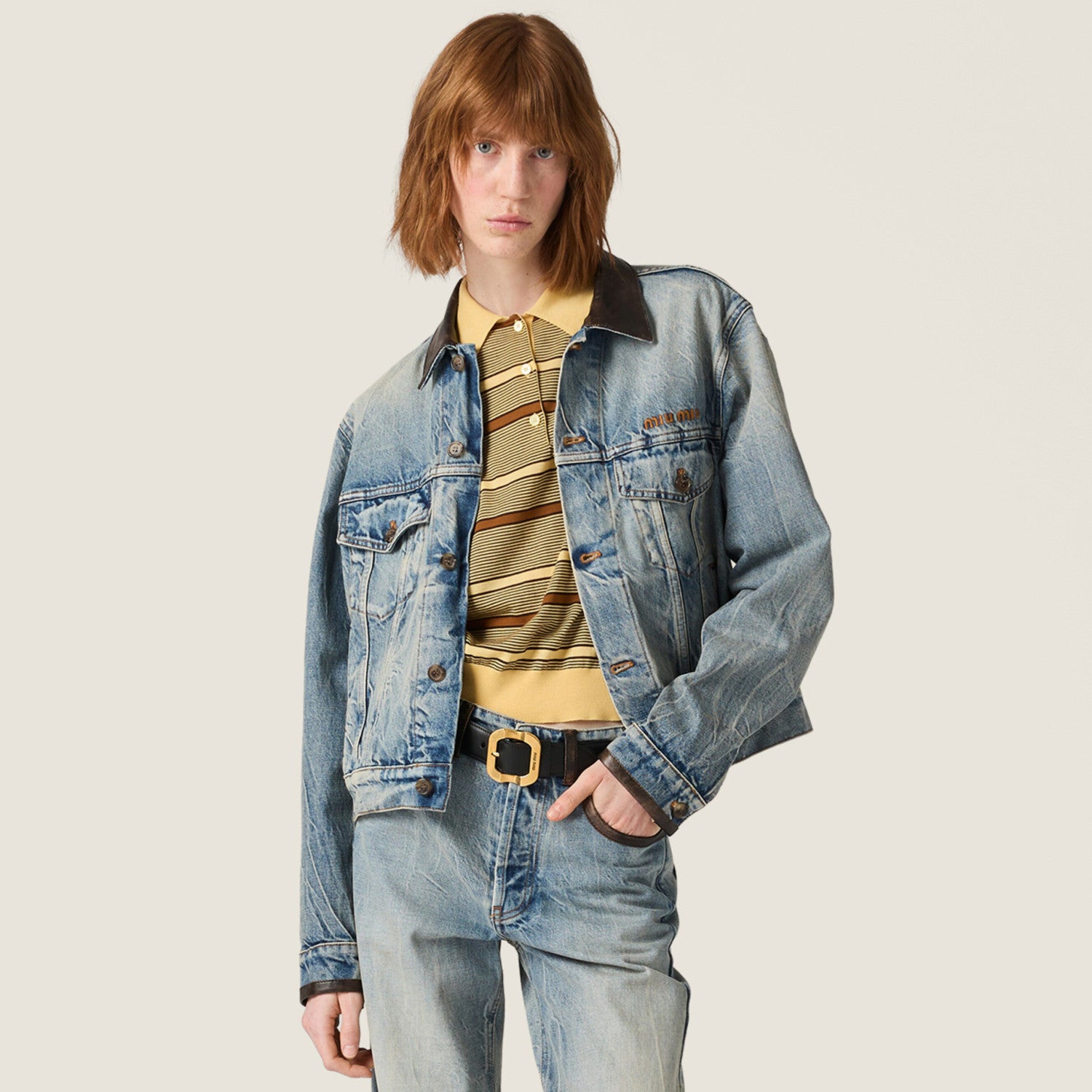 MiuMiu Women's Spring/Fall Fashion Casual Lapel Single Breasted Patchwork Leather Denim Jacket Stylish Relaxed Fit Denim Pants Suit Set #79385