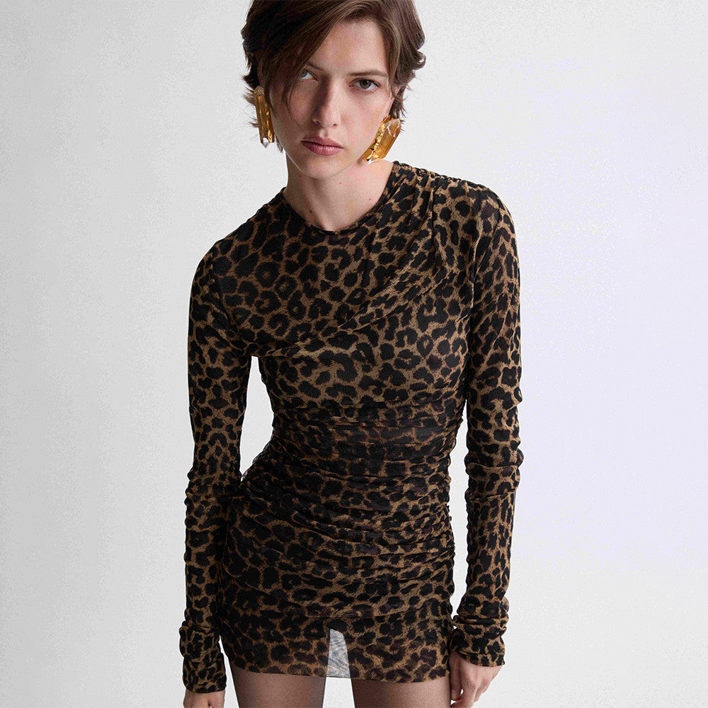 Saint Laurent Ruched Mini Dress in Leopard Tulle Jersey in Brown #334380
