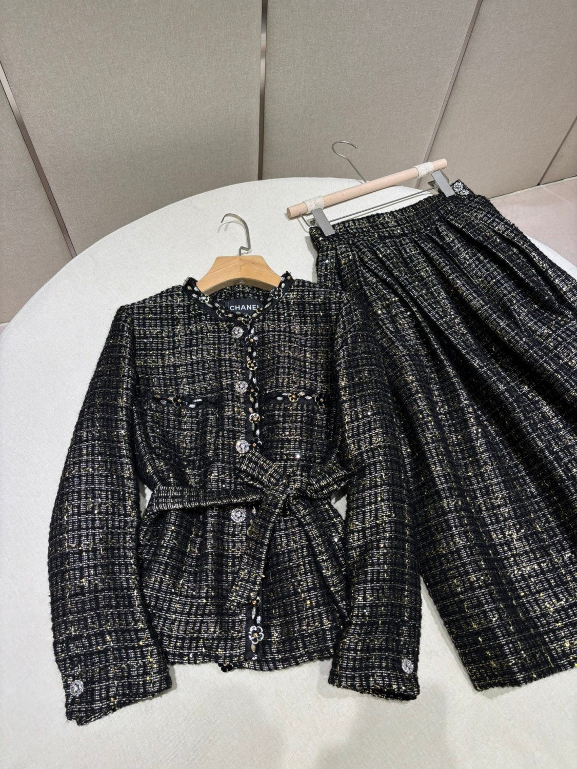 Chanel Women's Spring/autumn Vintage Suit Black And Gold Rhinestone Floral Embroidery Blend Belt Long Sleeve Jacket Pleated Halter Dress Vacation Set Ngvp #2243