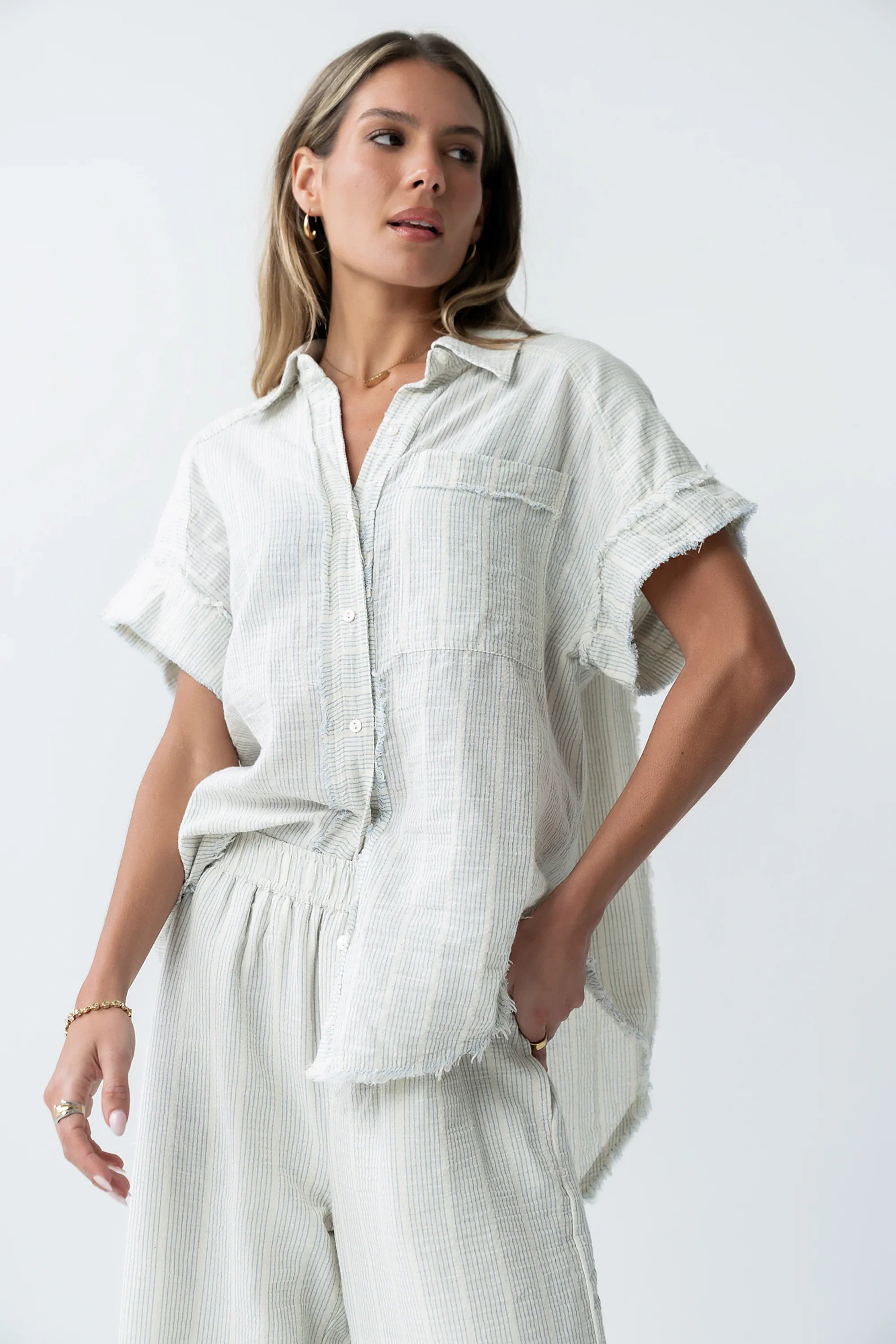 Belen Striped Button Up in Denim Blue
