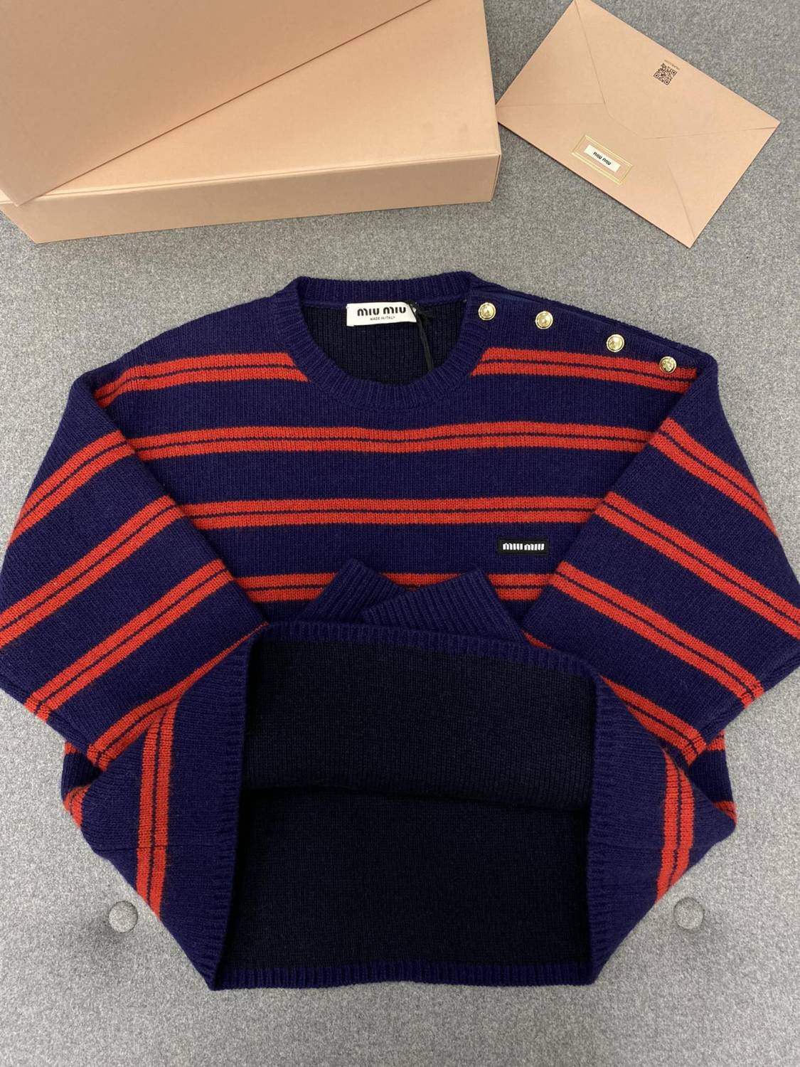 MiuMiu Women's Fall/Winter Fashion Casual Crew Neck Striped Contrast Color Cashmere Knit Sweater #79389