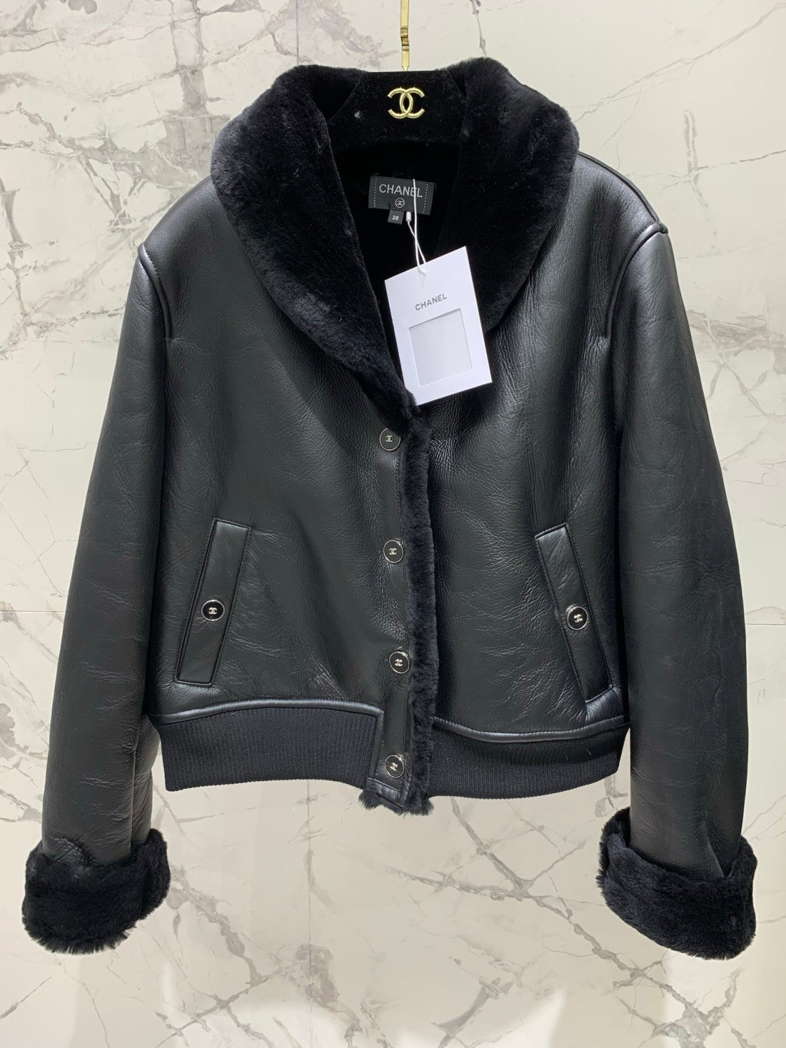 Chanel 25FW Tunic Jacket Reversible Shearling Black Merino Wool Women's Warm Retro Leather Jacket #332447