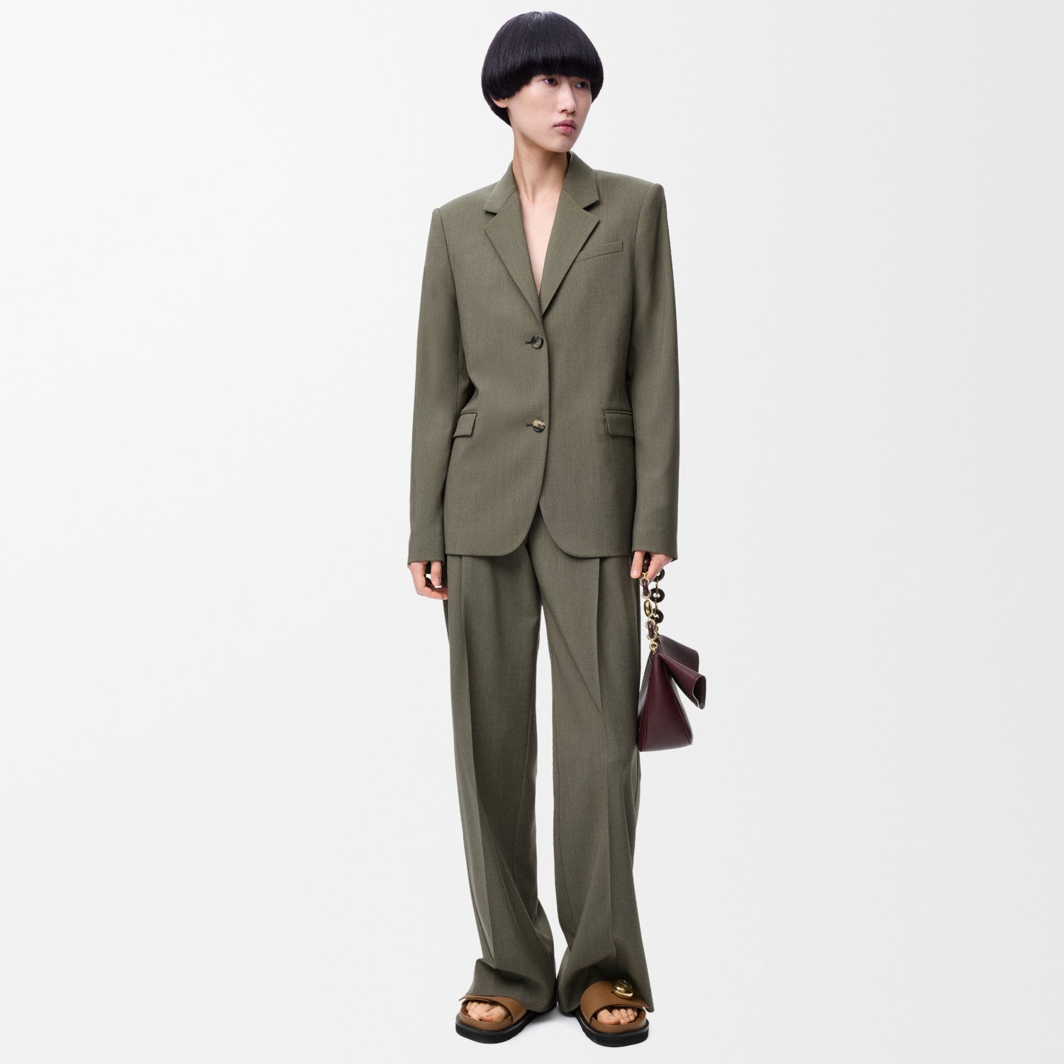 Loewe Women's Spring/Fall Fashion Classic Business Premium Solid Color V-Neck Single Button Long Sleeve Blazer Fashion Classic Solid Color Elastic Waistband Business Premium Suit Pants Pants Suit Set #78992