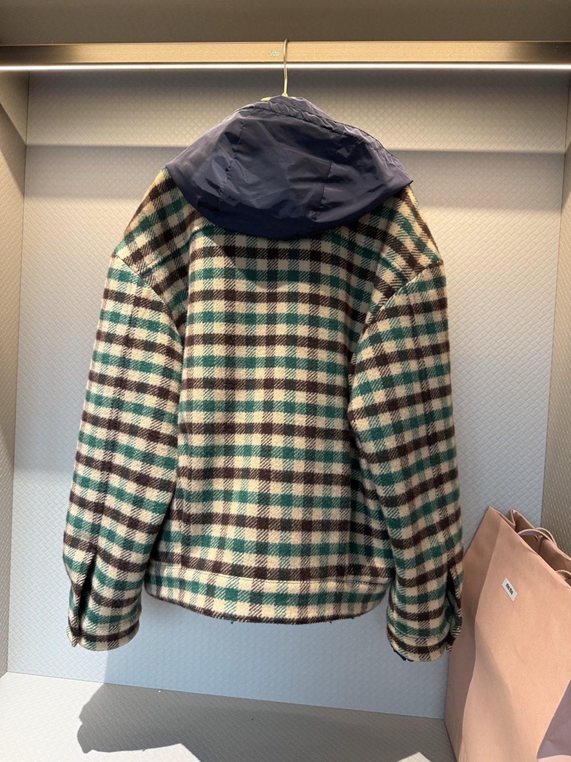 MiuMiu Women's Fall/Winter Lettering Eembroidered Logo Hood Zip Camel Green Navy Check and Technical Jacket #332611