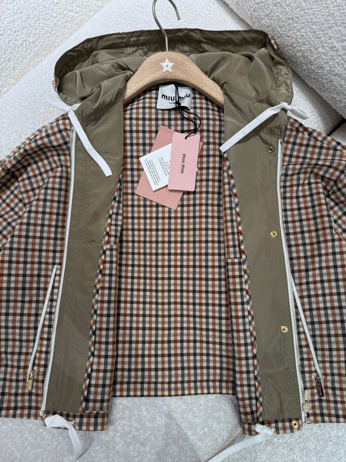 MiuMiu Women's Spring/Summer Fashion Casual Hooded Zipper Waist Elastic Checkered Jacket Waist Elastic Drawstring Checkered Casual Short Skirt Suit Set #79158