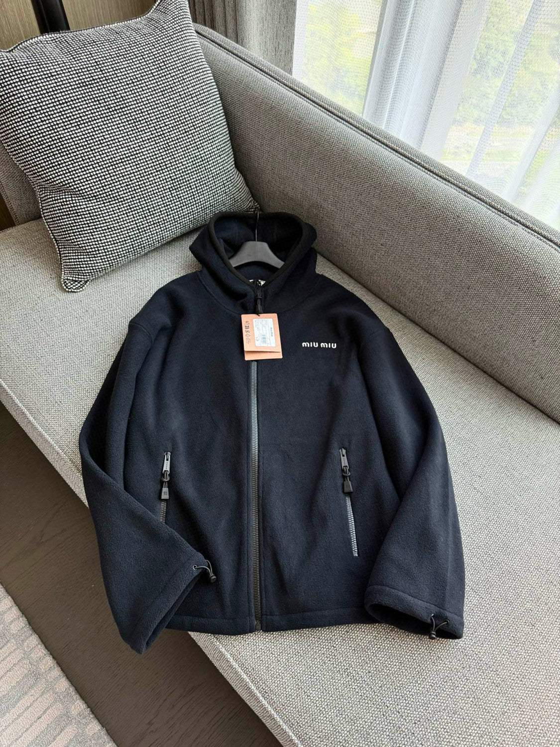 MiuMiu Women's Logo Embroidered Zipper Half-High Neck Solid Fleece Jacket Spring/Fall Long Sleeve Oversized Hooded Sweatshirt #81577