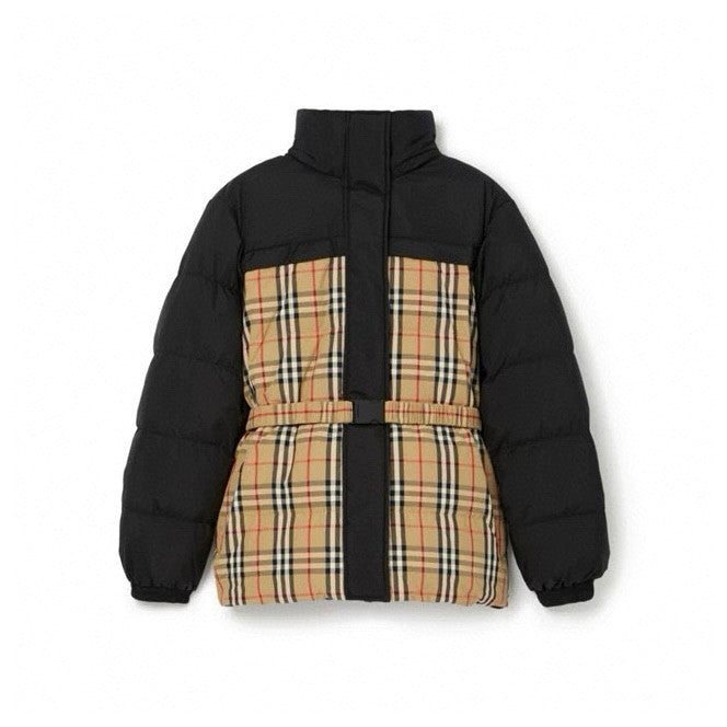 Burberry Women's Winter Fashion Casual Color Blocked High Neck Zipper Reversible Checkered Waist-Defining Down Jacket #78983