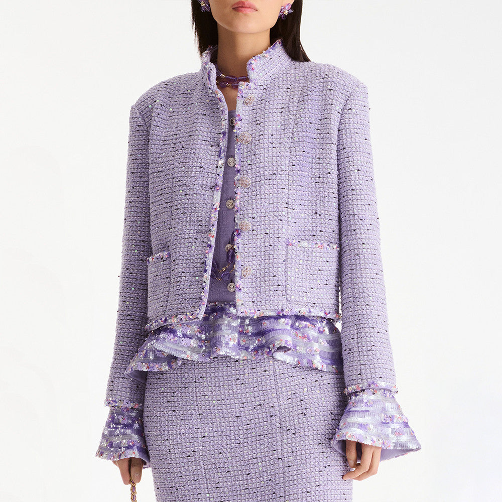 Chanel Jacket Skirt Cotton Tweed Sequins Lilac #376154