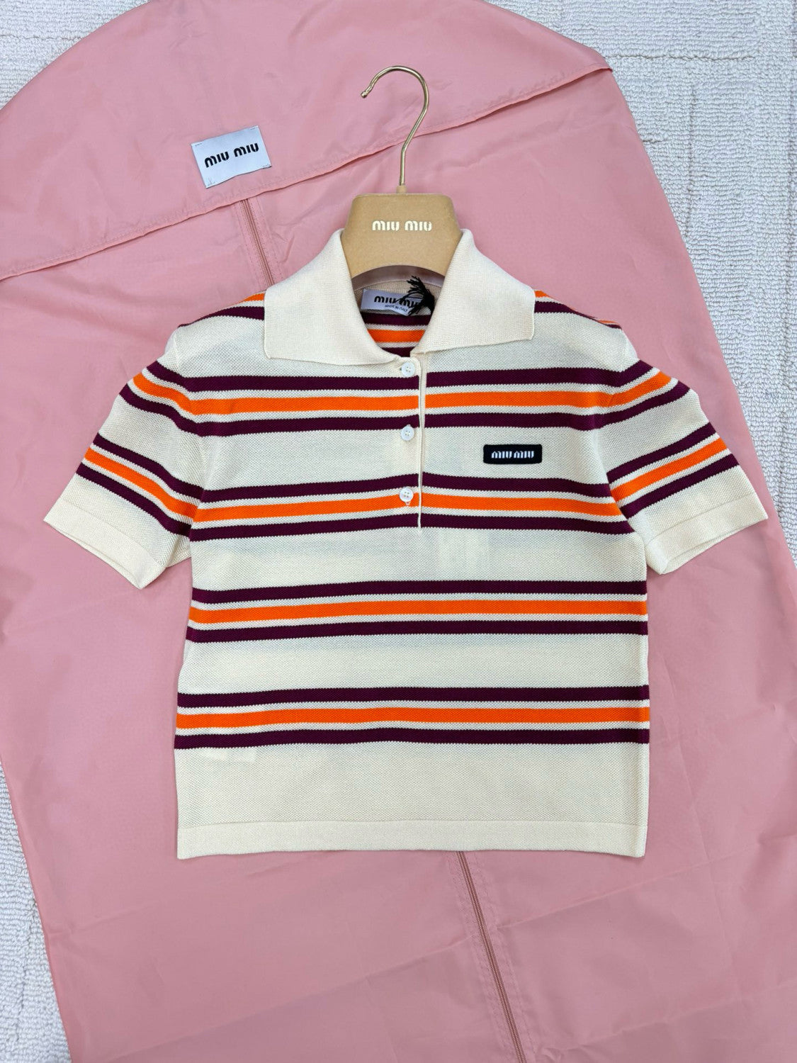 MiuMiu Women's Spring And Summer Striped Polo Shirt Knitted Fashion Trend Retro Short-sleeved Logo Short T-shirt Tops #81639