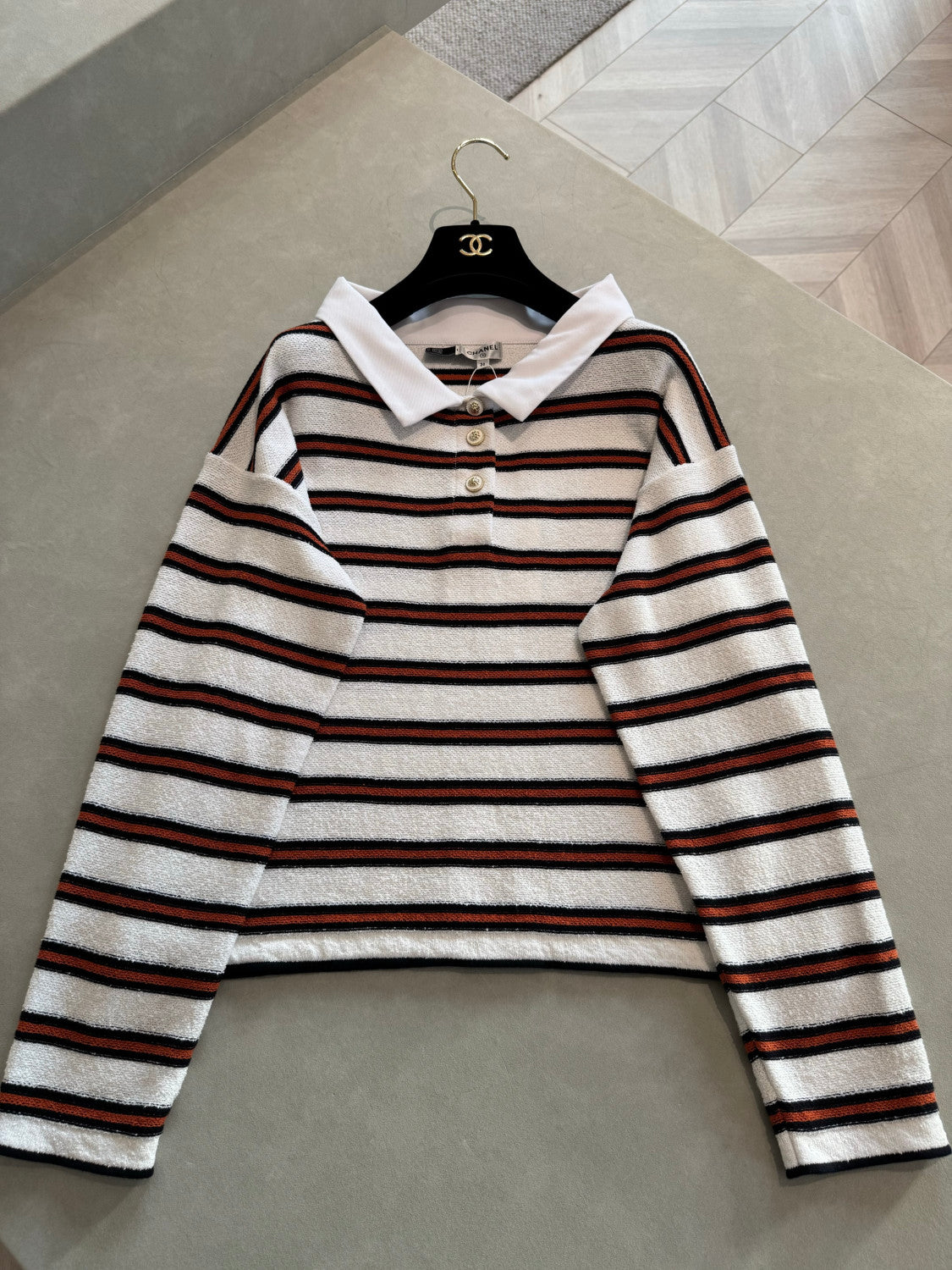 Chanel Pullover Cotton White Navy Blue Brown #335730