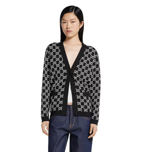 Gucci Men's And Women's Fall/Winter Fashion Casual Vintage Elegant V-Neck Single Button Reversible Logo Jacquard Knit Wool Cardigan #78587